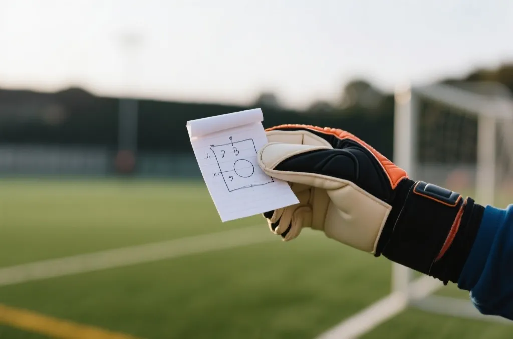 A close-up of a goalkeeper's hand wearing gloves, holding a small tactical note paper