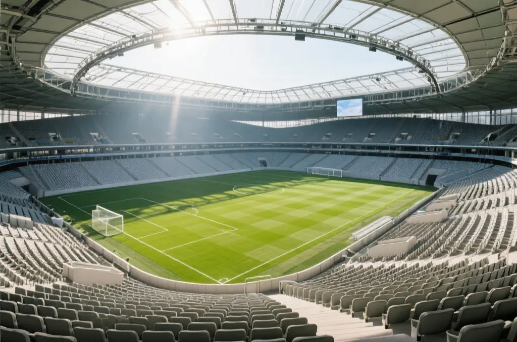現代化足球場內部視角，綠色草坪與宏偉的觀眾席